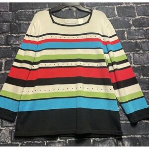 Alfred Dunner Tunic Sweater Women Medium Red Green Blue Striped Embellished Knit
